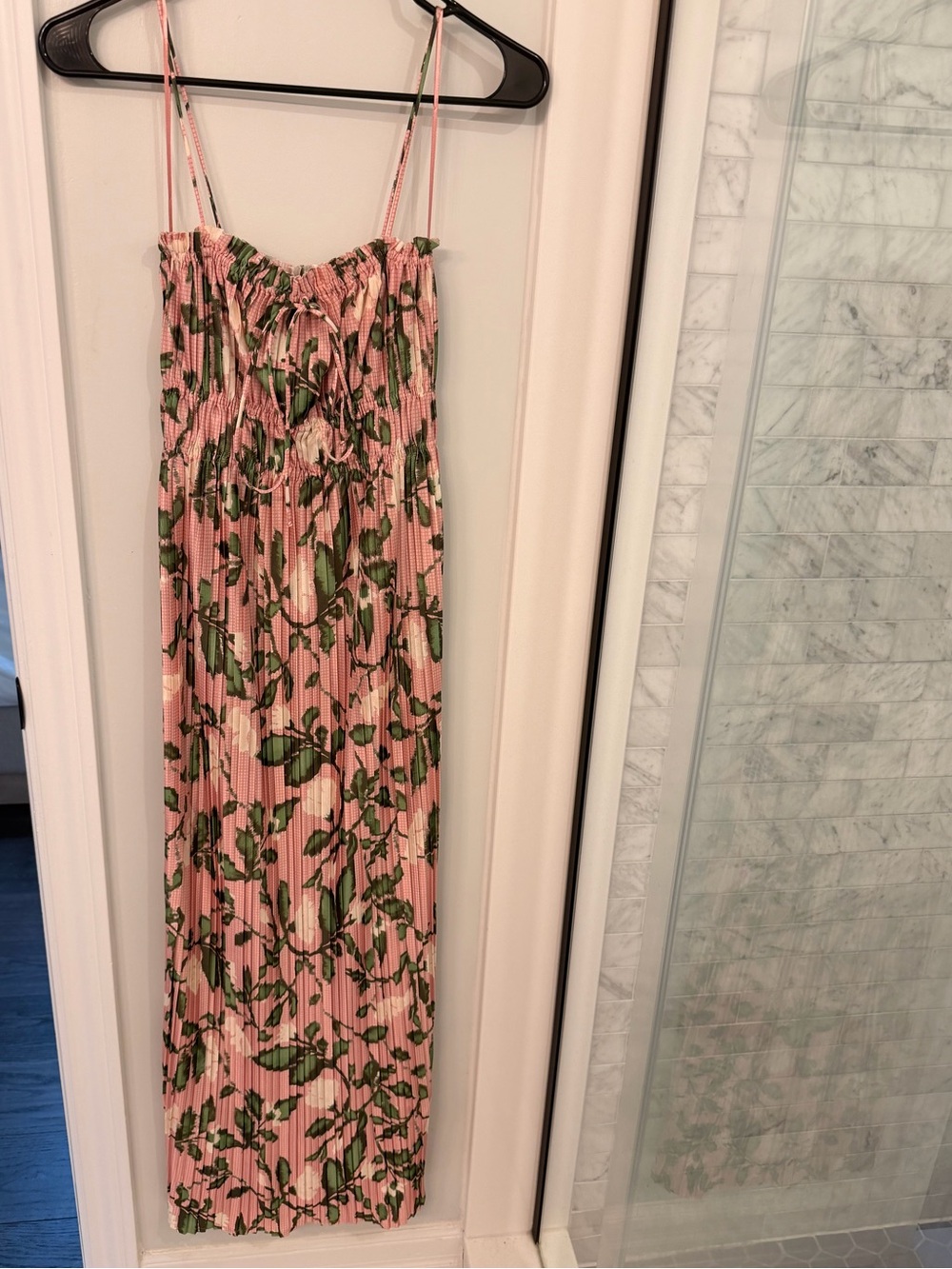Zara Pink Floral Maxi Dress with Green Leaf Print